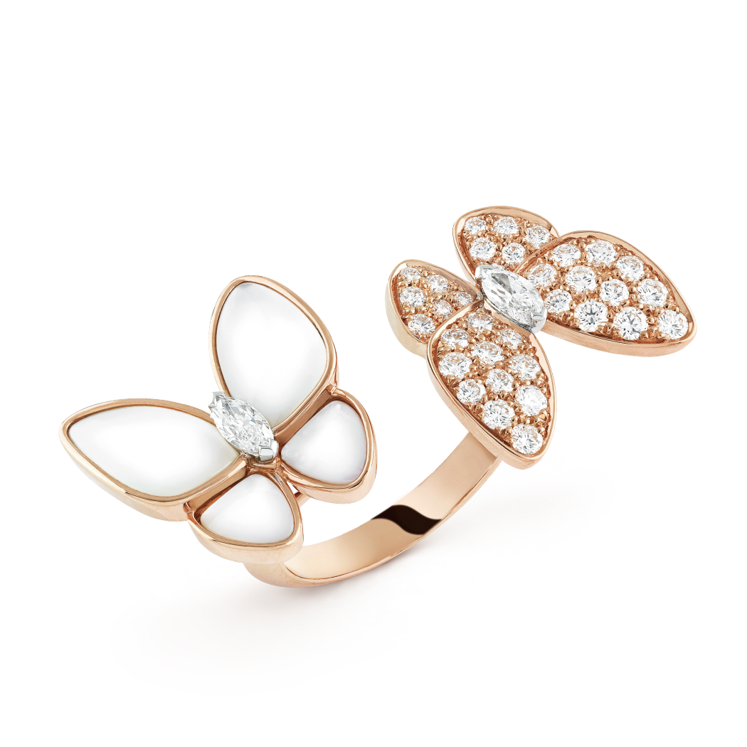 18K Rose Gold Mother of Pearl Diamonds VCA Butterfly Between the Finger Ring