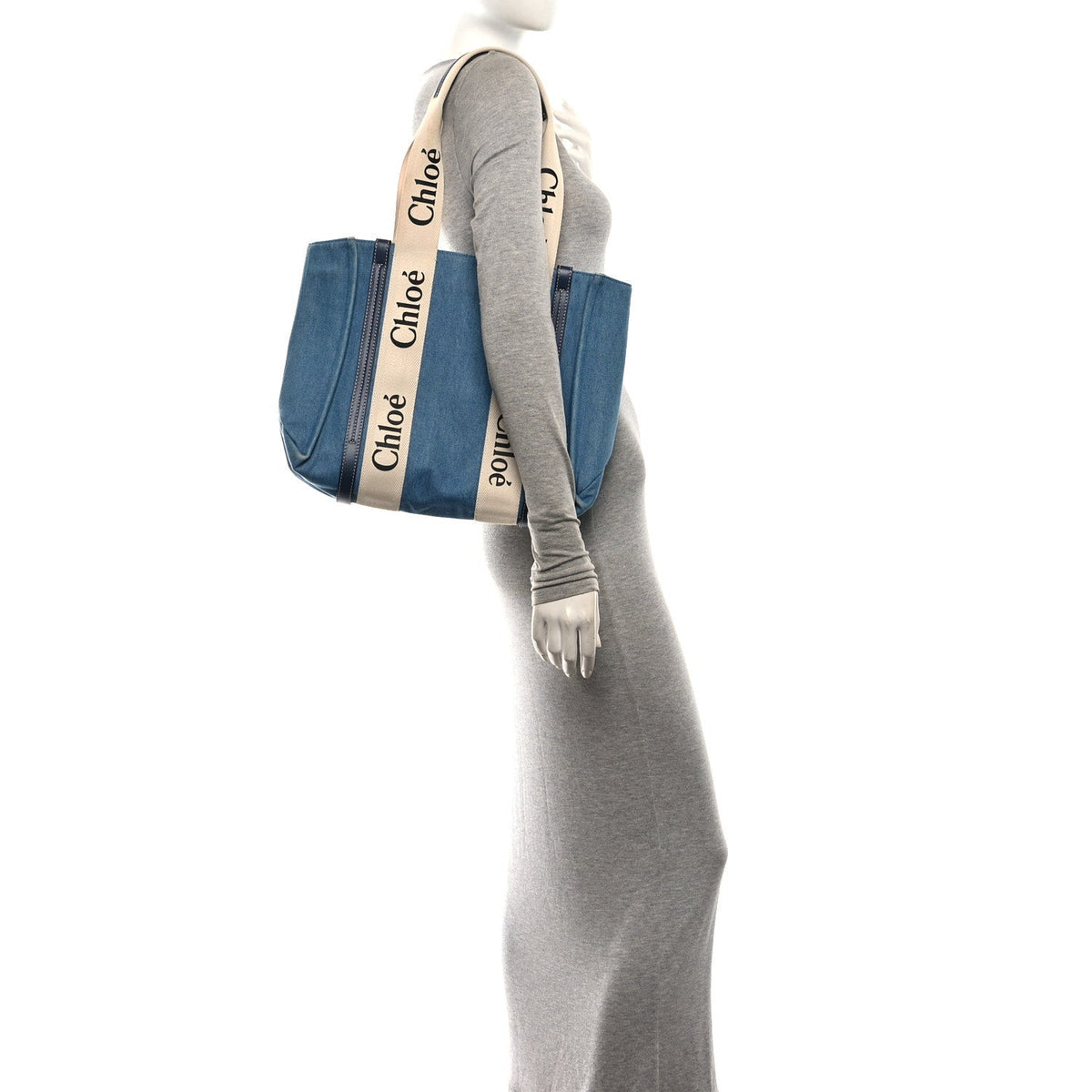 Chloe Denim Shiny Calfskin Medium Woody Ribbon Tote Navy