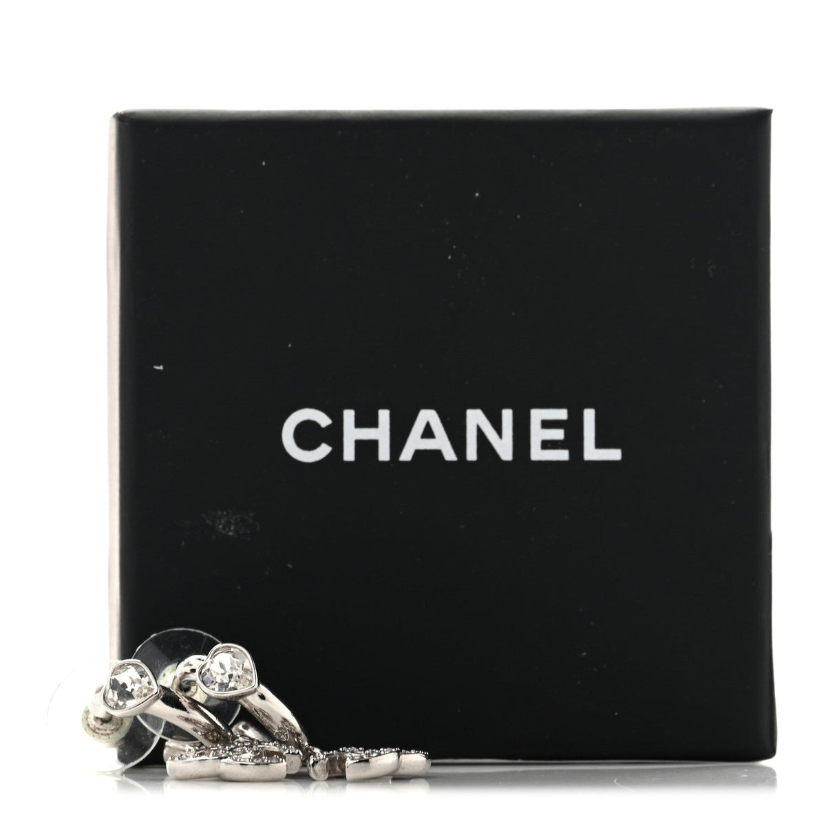 Chanel Crystal CC Heart Drop Hoop Earrings Silver