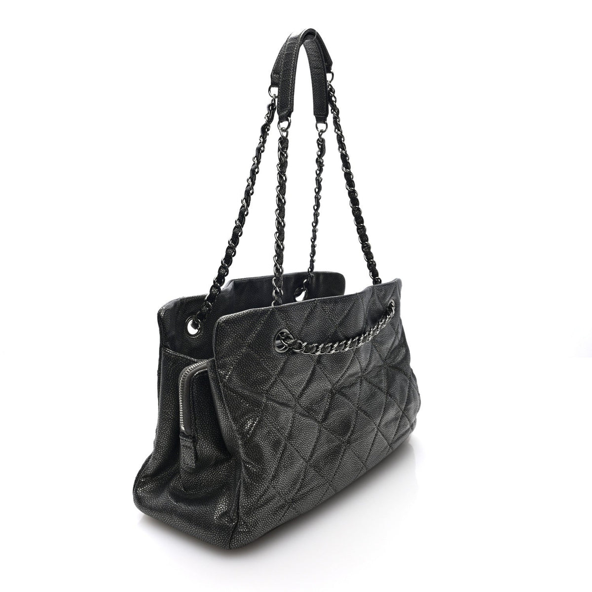 Chanel Metallic Caviar Quilted Timeless CC Shopping Tote Bag Dark Grey