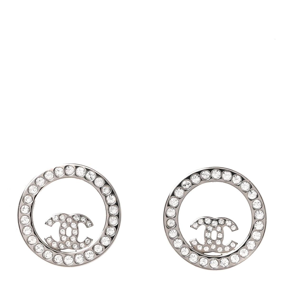 Chanel Crystal CC Round Earrings Silver
