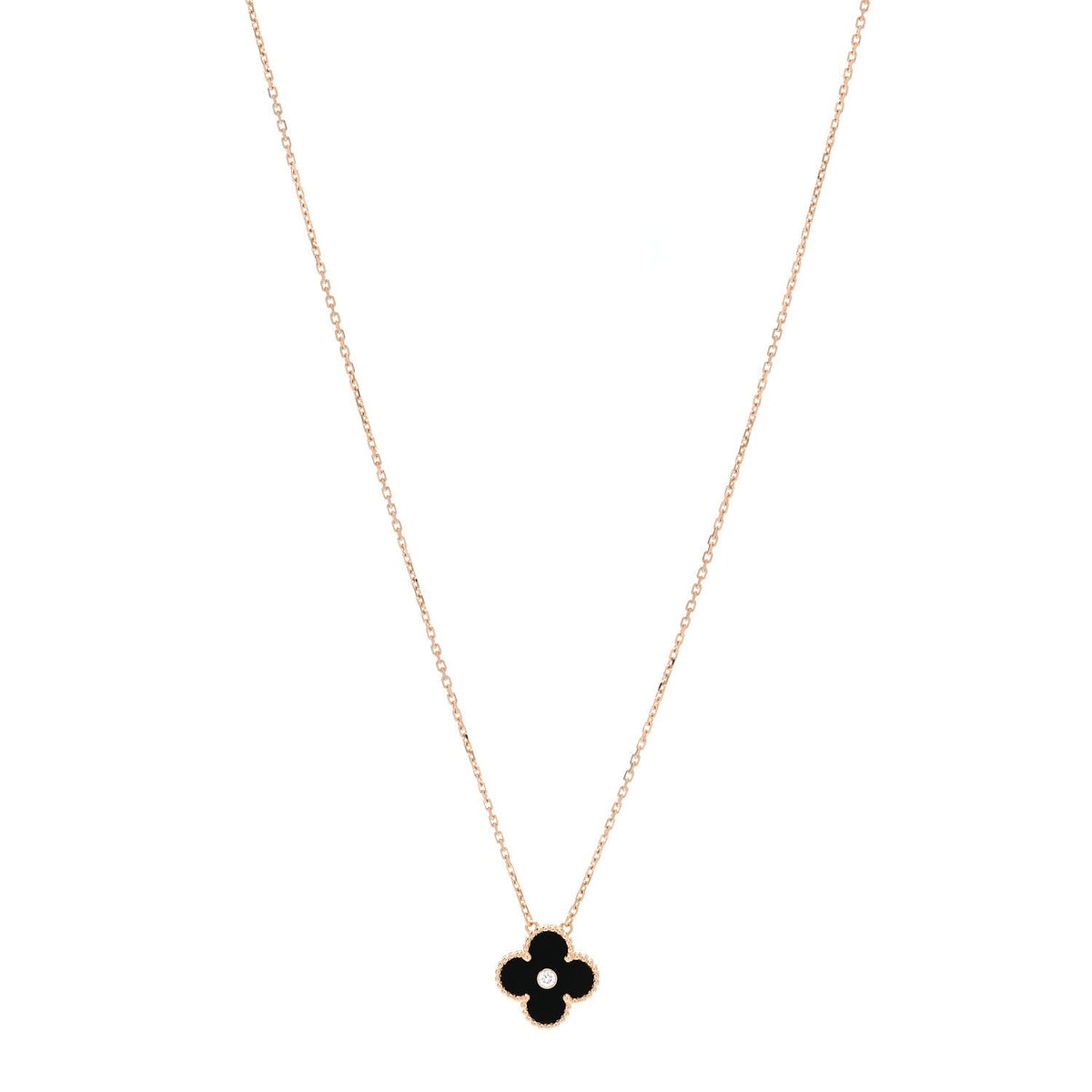 Van Cleef & Arpels 18K Rose Gold Diamond Onyx Alhambra Necklace