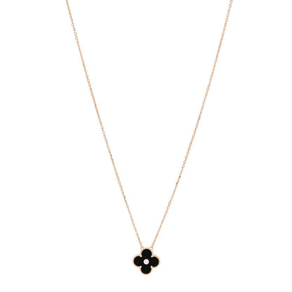 Van Cleef & Arpels 18K Rose Gold Diamond Onyx Alhambra Necklace