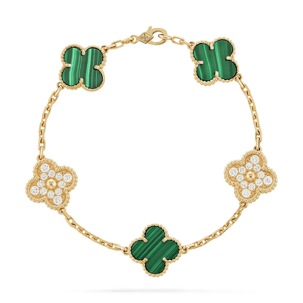 18K Yellow Gold Malachite Diamond VCA Vintage Alhambra Bracelet 5 Motifs