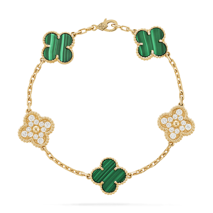 18K Yellow Gold Malachite Diamond VCA Vintage Alhambra Bracelet 5 Motifs