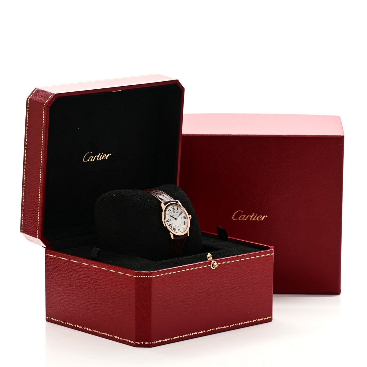Cartier Stainless Steel 18K Pink Gold Alligator 29mm Ronde Solo Quartz Watch Brown
