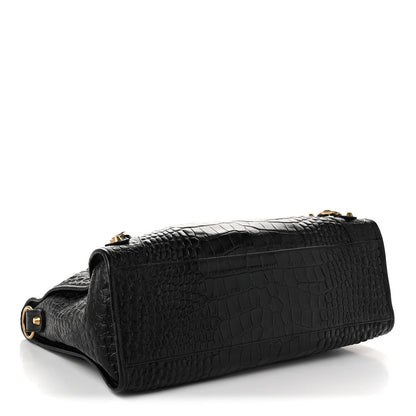 Balenciaga Calfskin Crocodile Embossed Gold Hardware Le City Black