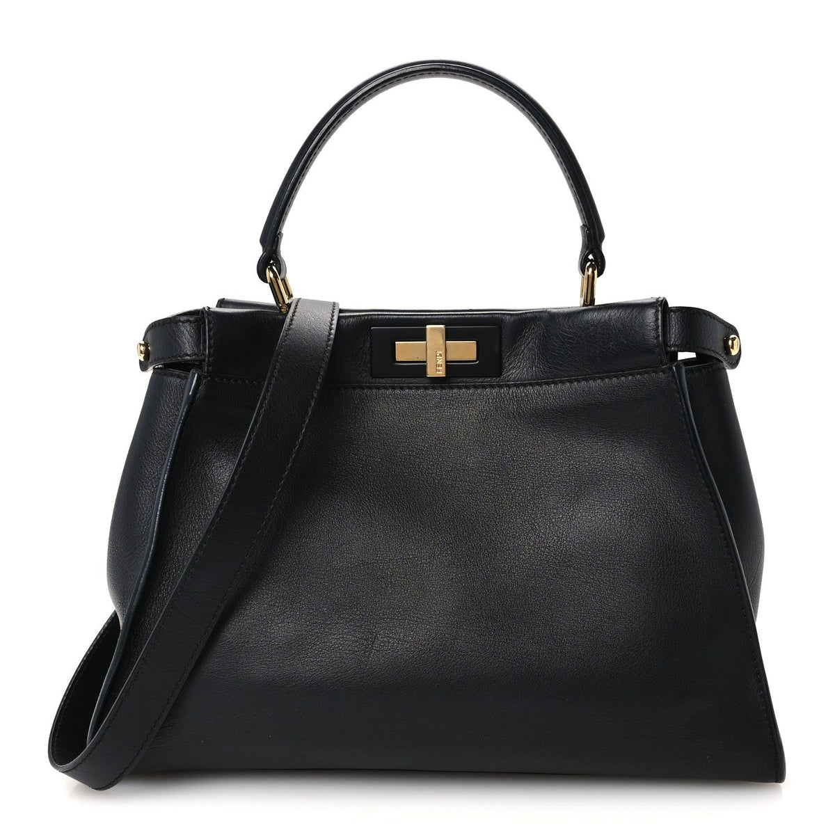 Fendi Vitello Seta Shiny Nappa Medium Peekaboo Iconic Satchel Black