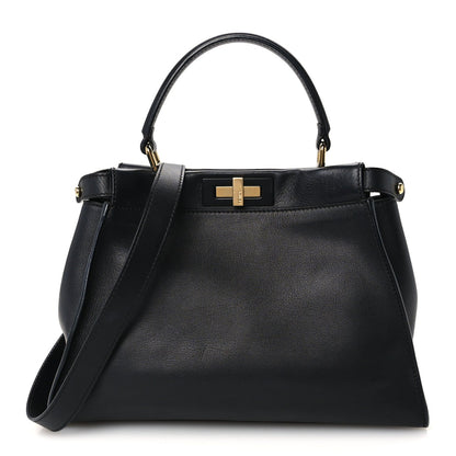 Fendi Vitello Seta Shiny Nappa Medium Peekaboo Iconic Satchel Black