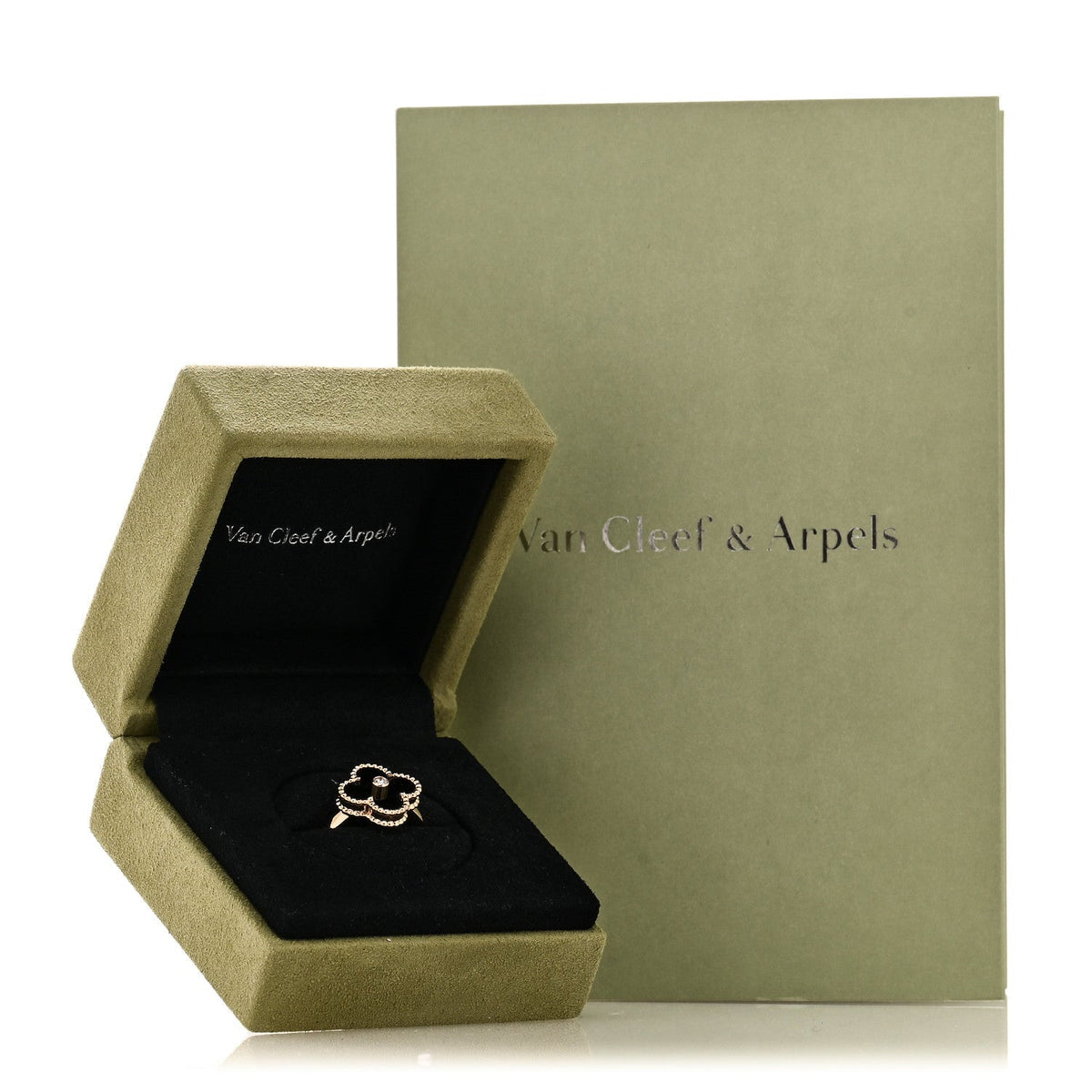 Van Cleef & Arpels 18K Yellow Gold Diamond Onyx Alhambra Ring 53 6.5