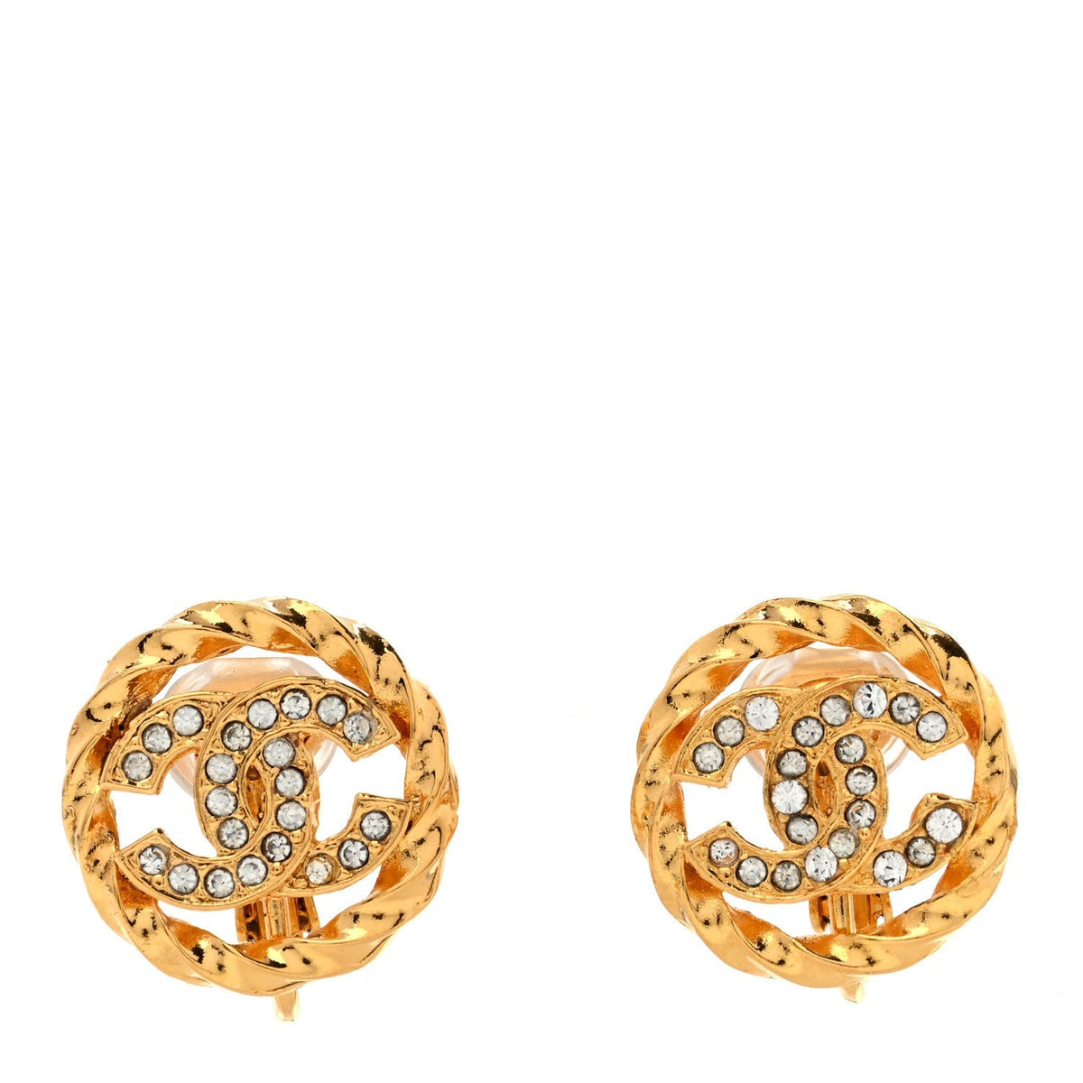 Chanel Crystal CC Round Clip On Earrings Gold