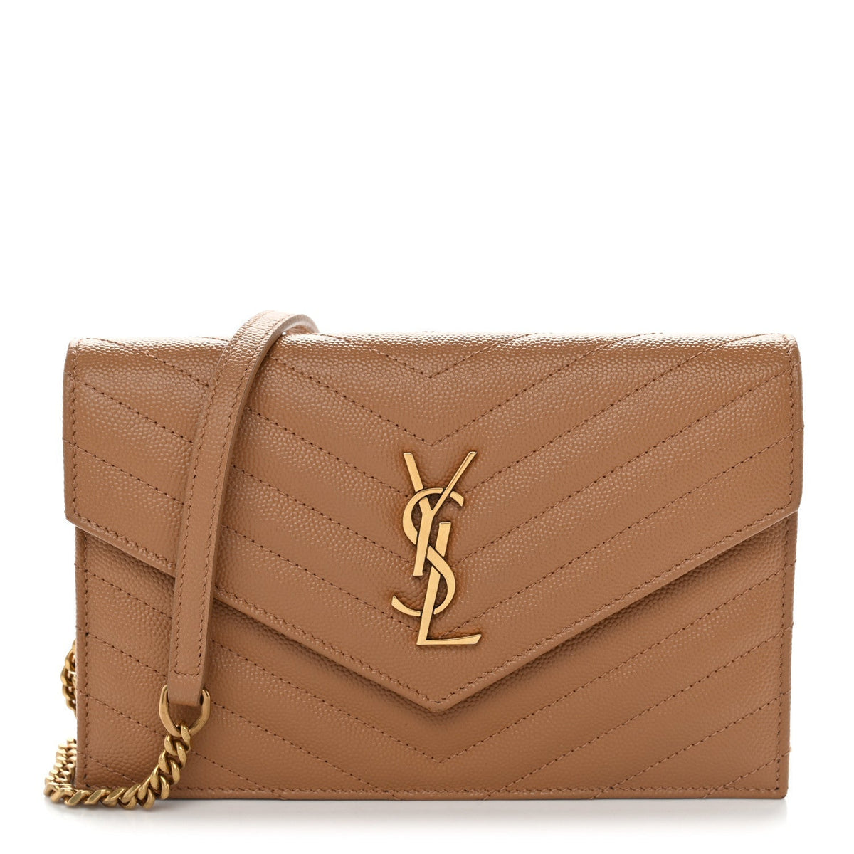 Saint Laurent Grain De Poudre Matelasse Chevron Envelope Chain Wallet Dune
