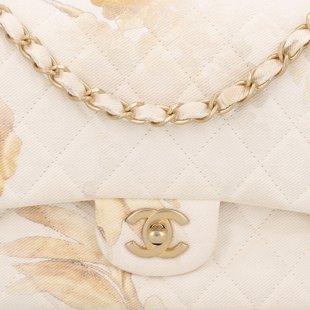 Chanel Denim Floral Printed Medium Double Flap Bag Beige