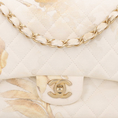 Chanel Denim Floral Printed Medium Double Flap Bag Beige