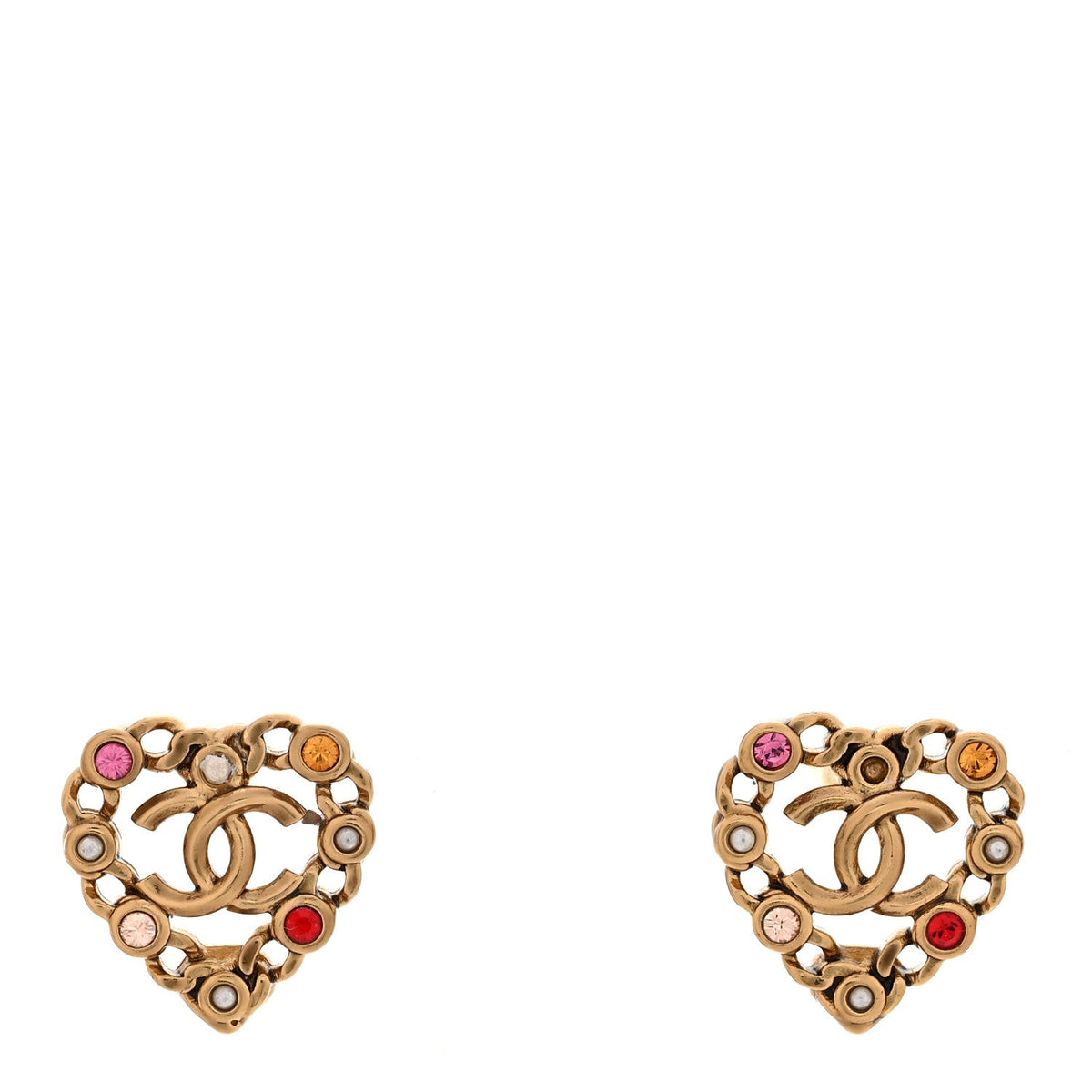 Chanel Pearl Crystal CC Heart Earrings Gold Multicolor