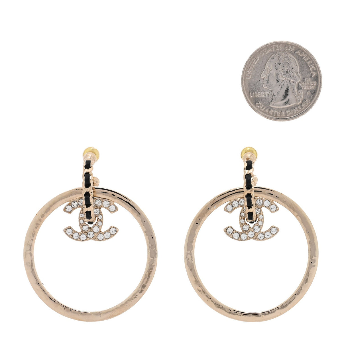 Chanel Metal Crystal Lambskin CC Chain Hoop Earrings Gold Black