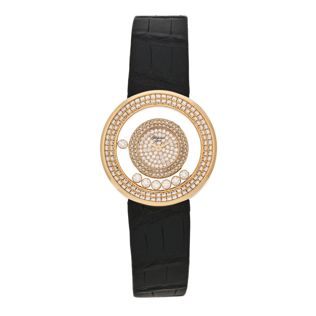 Chopard 18K Yellow Gold Alligator Diamond 30mm Happy Diamonds Watch