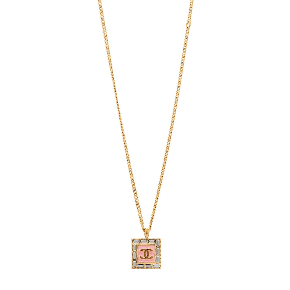 Chanel Crystal Baguette CC Pendant Necklace Pink Gold