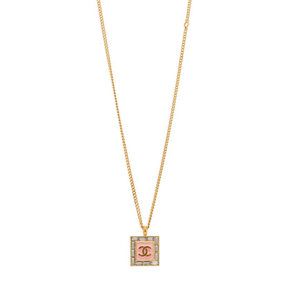 Chanel Crystal Baguette CC Pendant Necklace Pink Gold