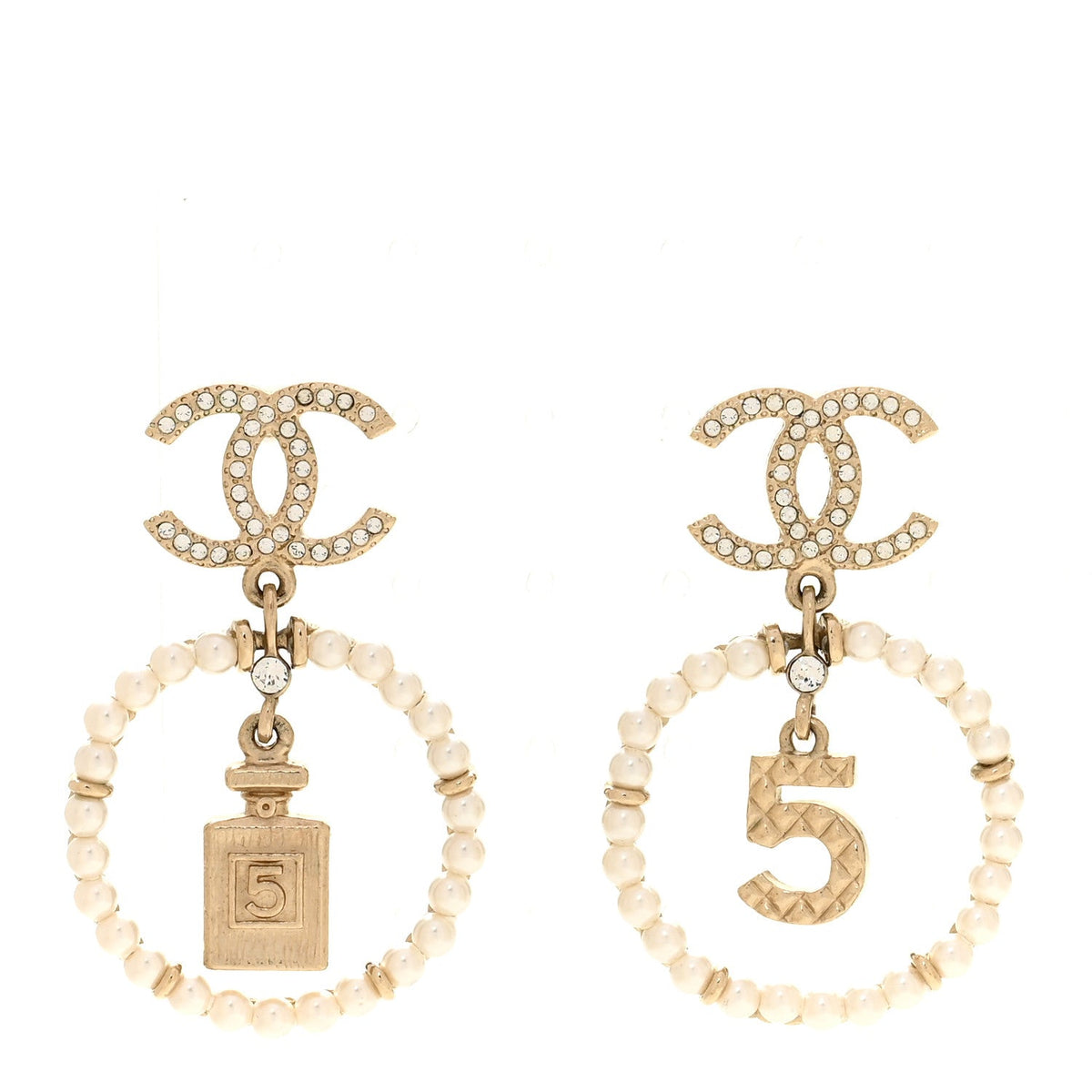Chanel Crystal Pearl Charms CC Drop Earrings Gold