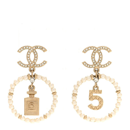 Chanel Crystal Pearl Charms CC Drop Earrings Gold