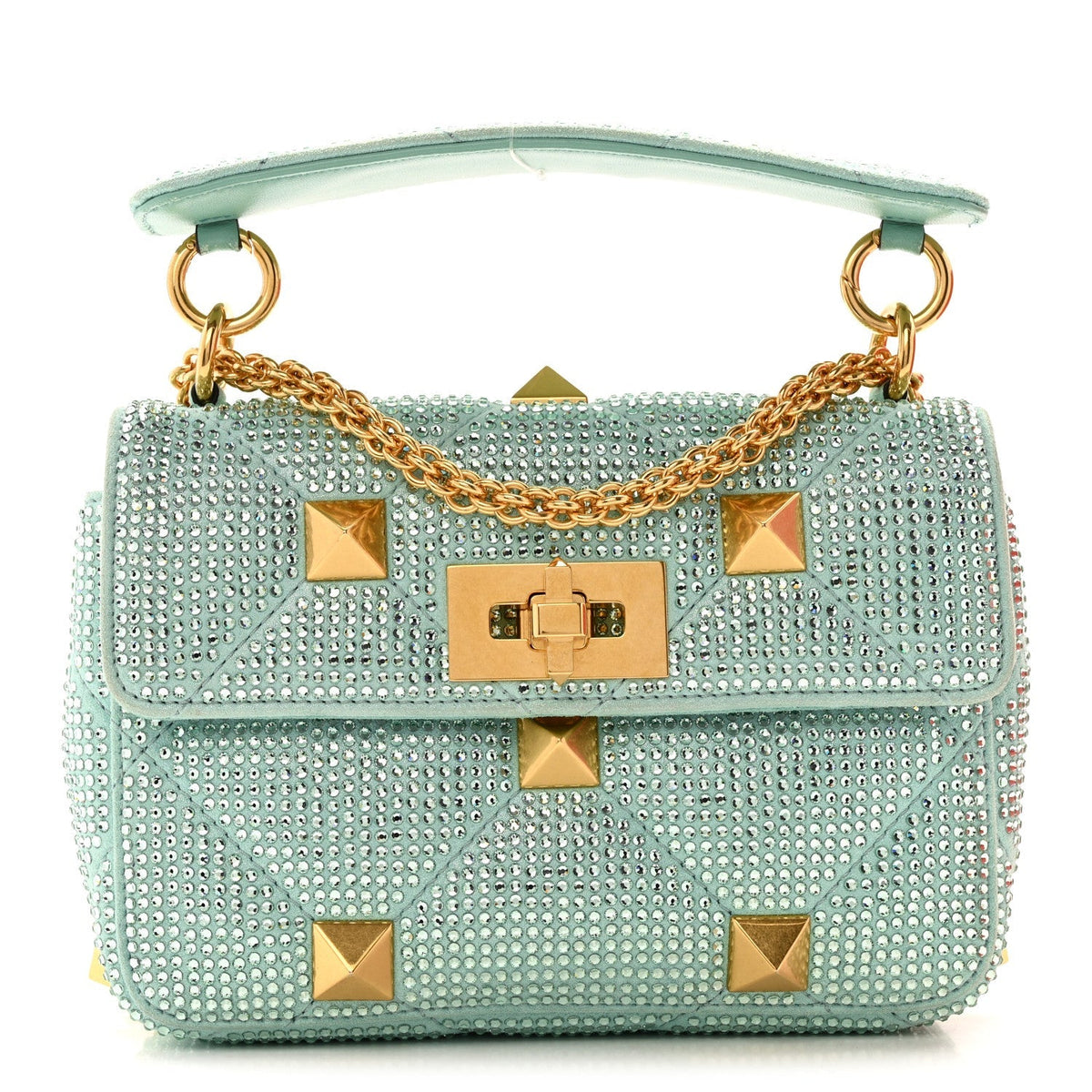 Valentino Garavani Crystal Suede Small Roman Stud Shoulder Bag Green
