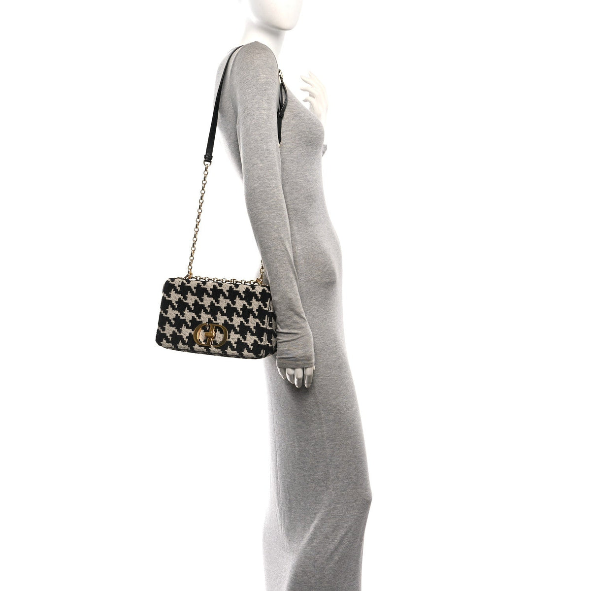 Christian Dior Canvas Macro Houndstooth Medium Caro Bag Black White