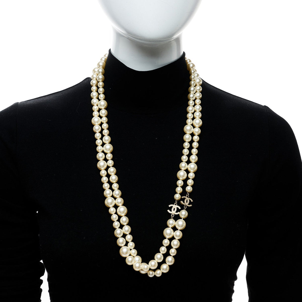 Chanel Pearl Crystal CC Long Necklace Silver