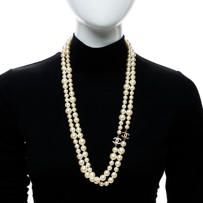 Chanel Pearl Crystal CC Long Necklace Silver