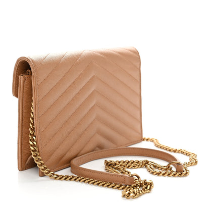 Saint Laurent Grain De Poudre Matelasse Chevron Envelope Chain Wallet Dune