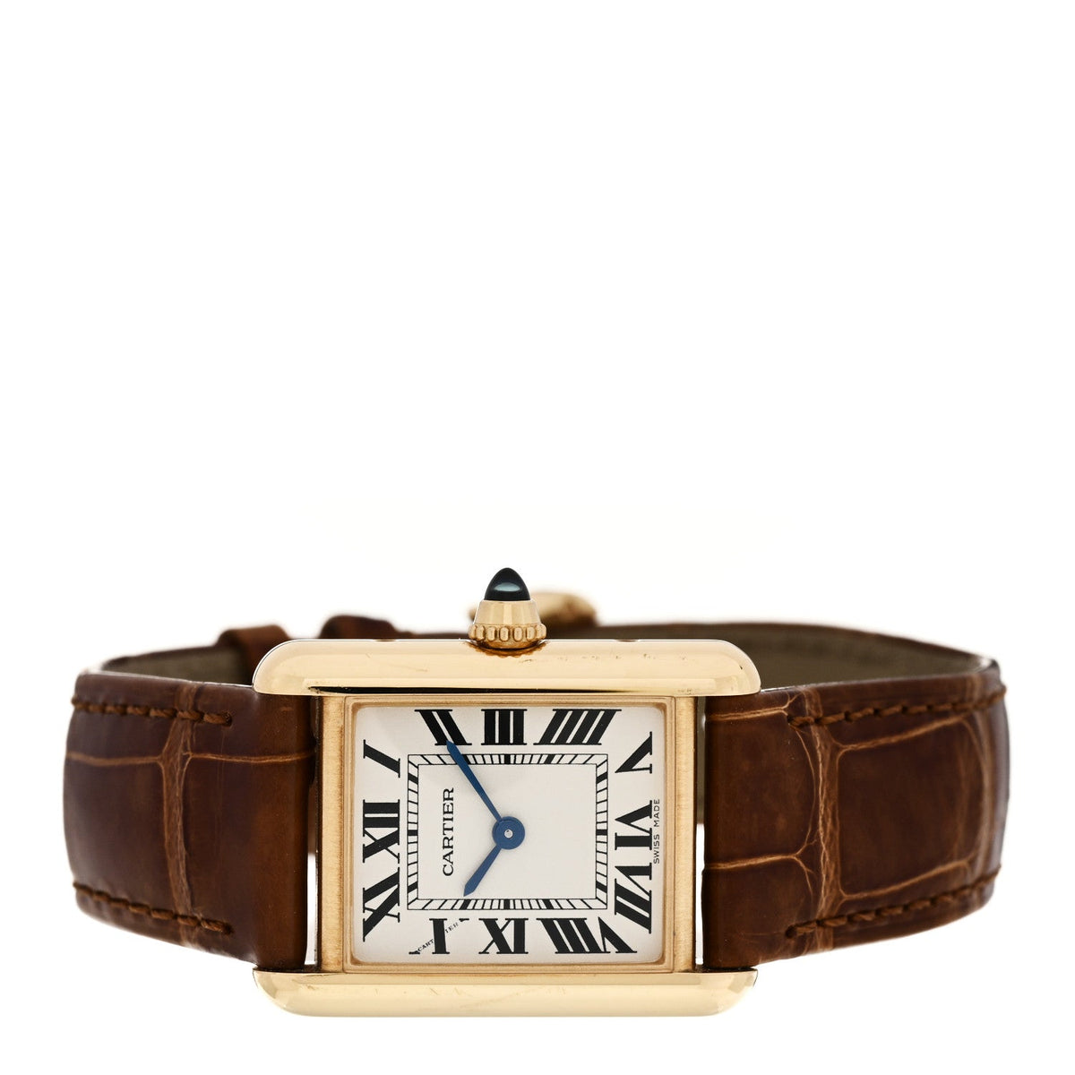 Cartier 18K Yellow Gold Alligator 22mm Tank Louis Quartz Watch Brown