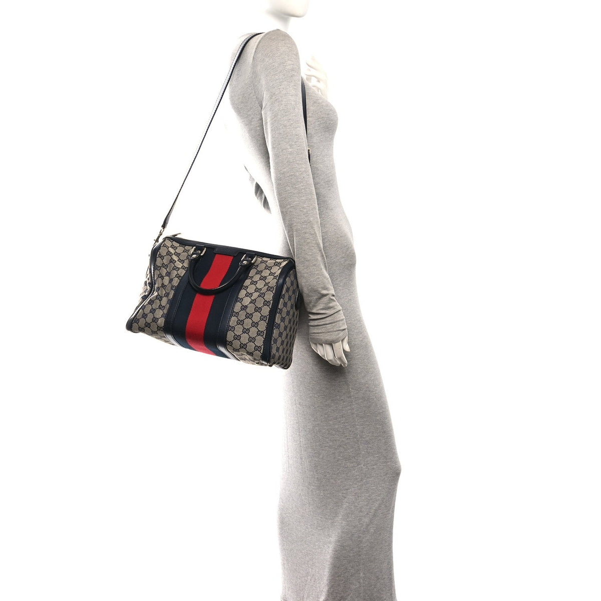Gucci Monogram Selleria Calfskin Vintage Web Medium Boston Beige Blue