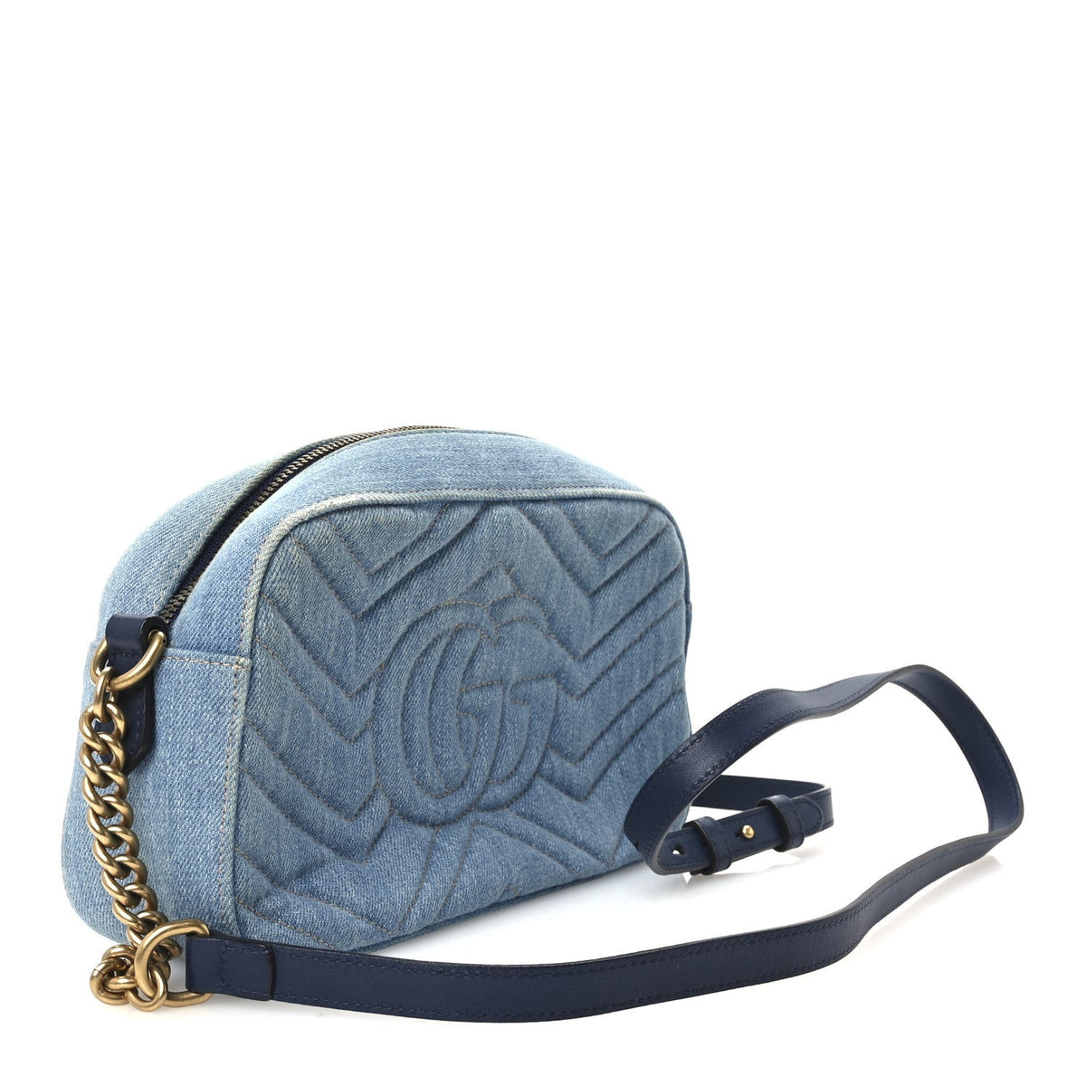 Gucci Denim Matelasse Small Pearly GG Marmont Chain Shoulder Bag Blue