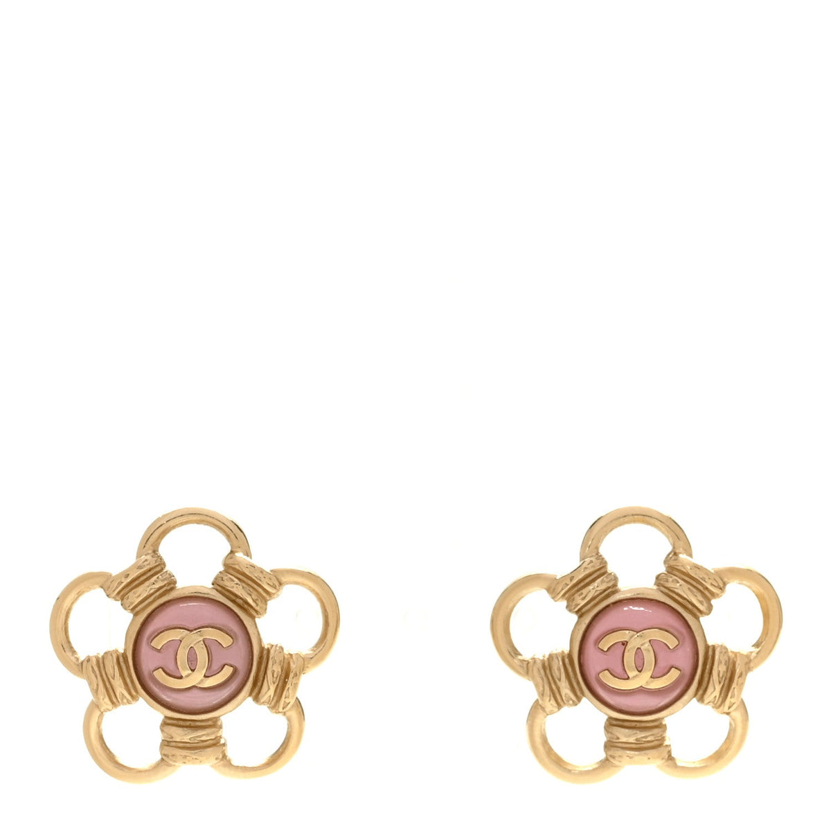 Chanel Metal Resin CC Flower Earrings Gold Pink