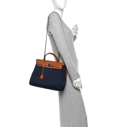 Hermes Toile Vache Hunter Herbag Zip Retourne 31 PM Bleu Marine