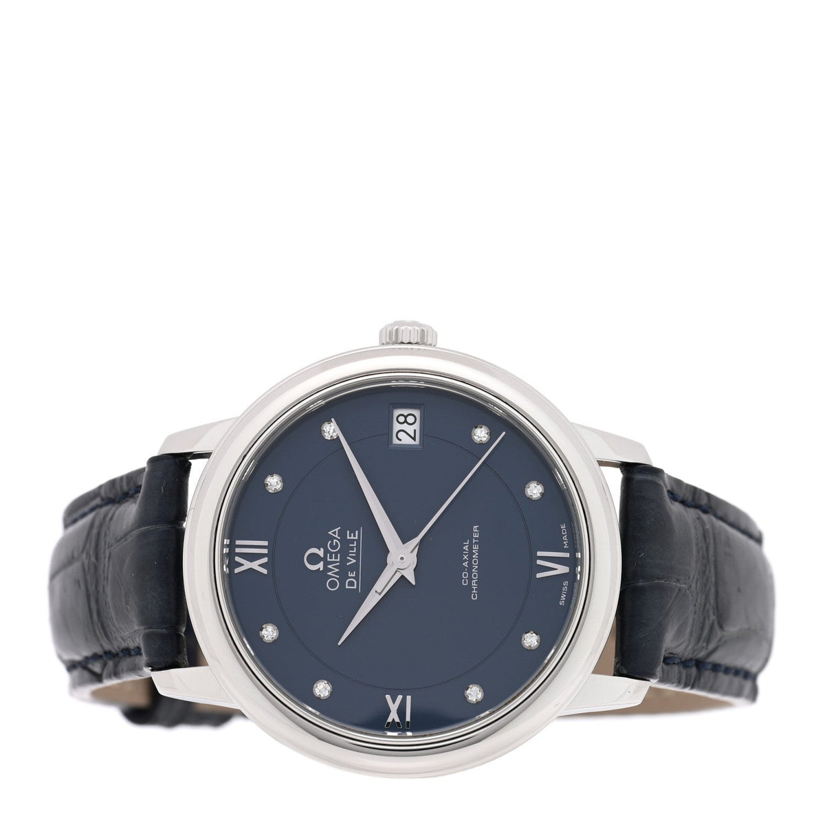 Omega Stainless Steel Alligator Diamond 32.7mm De Ville Prestige Watch Blue