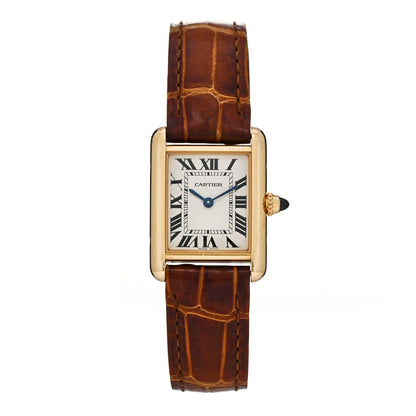 Cartier 18K Yellow Gold Alligator 22mm Tank Louis Quartz Watch Brown