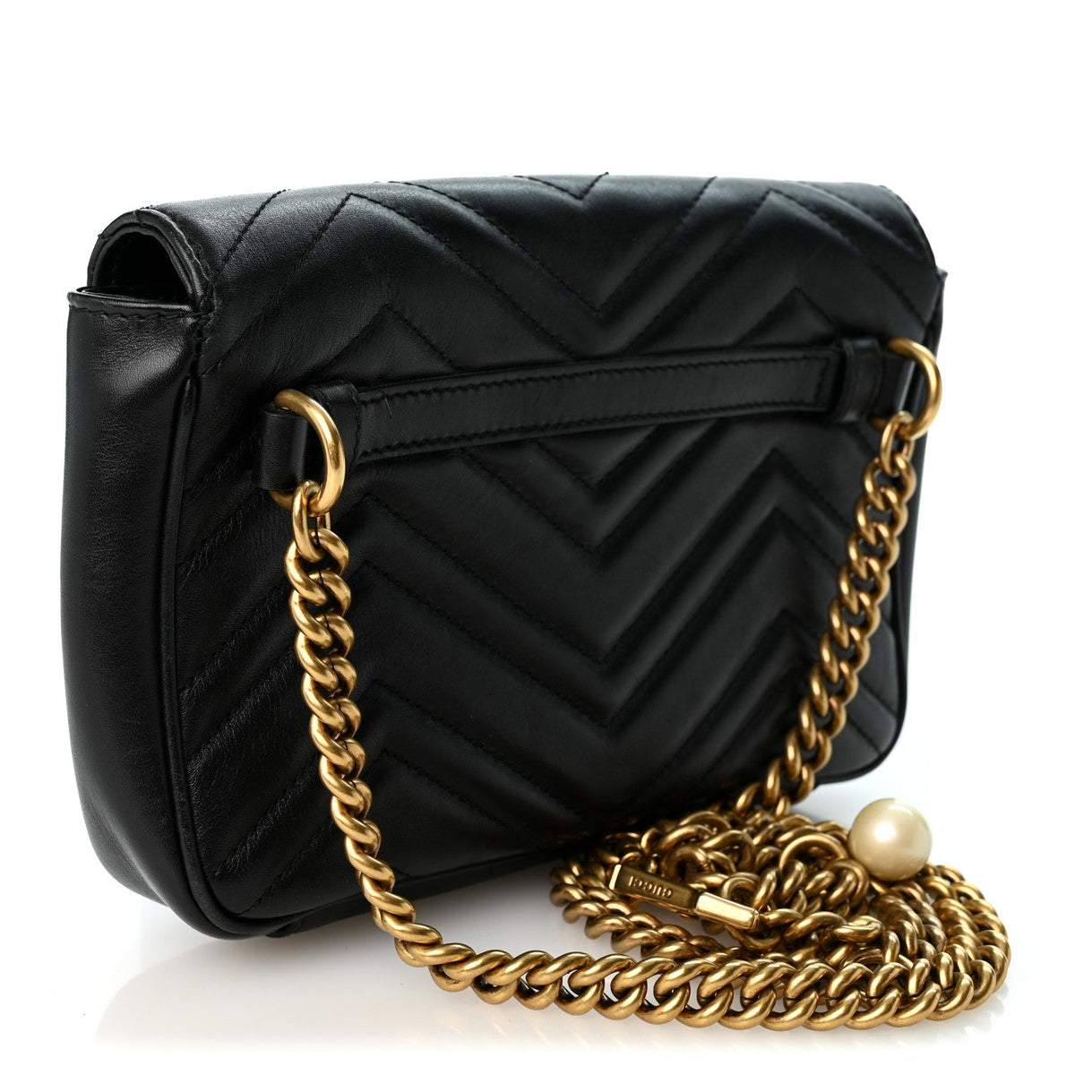 Gucci Calfskin Matelasse Pearly GG Marmont Chain Belt Bag Black