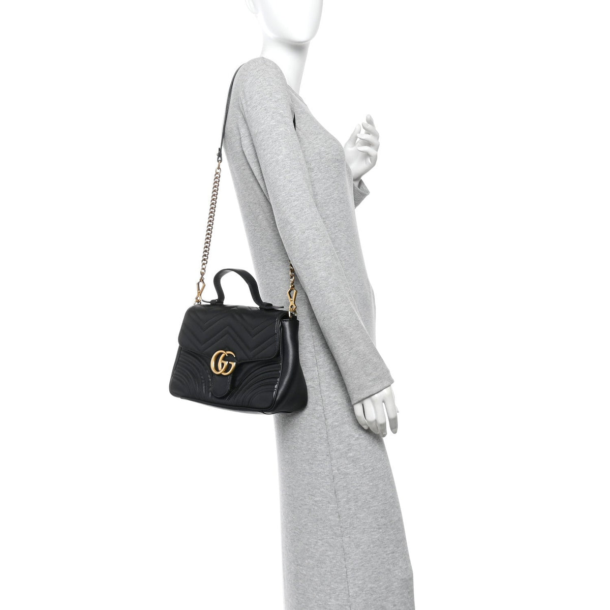 Gucci Calfskin Matelasse Small GG Marmont Top Handle Bag Black