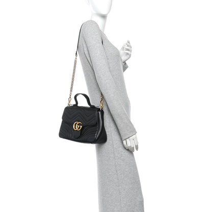 Gucci Calfskin Matelasse Small GG Marmont Top Handle Shoulder Bag Black