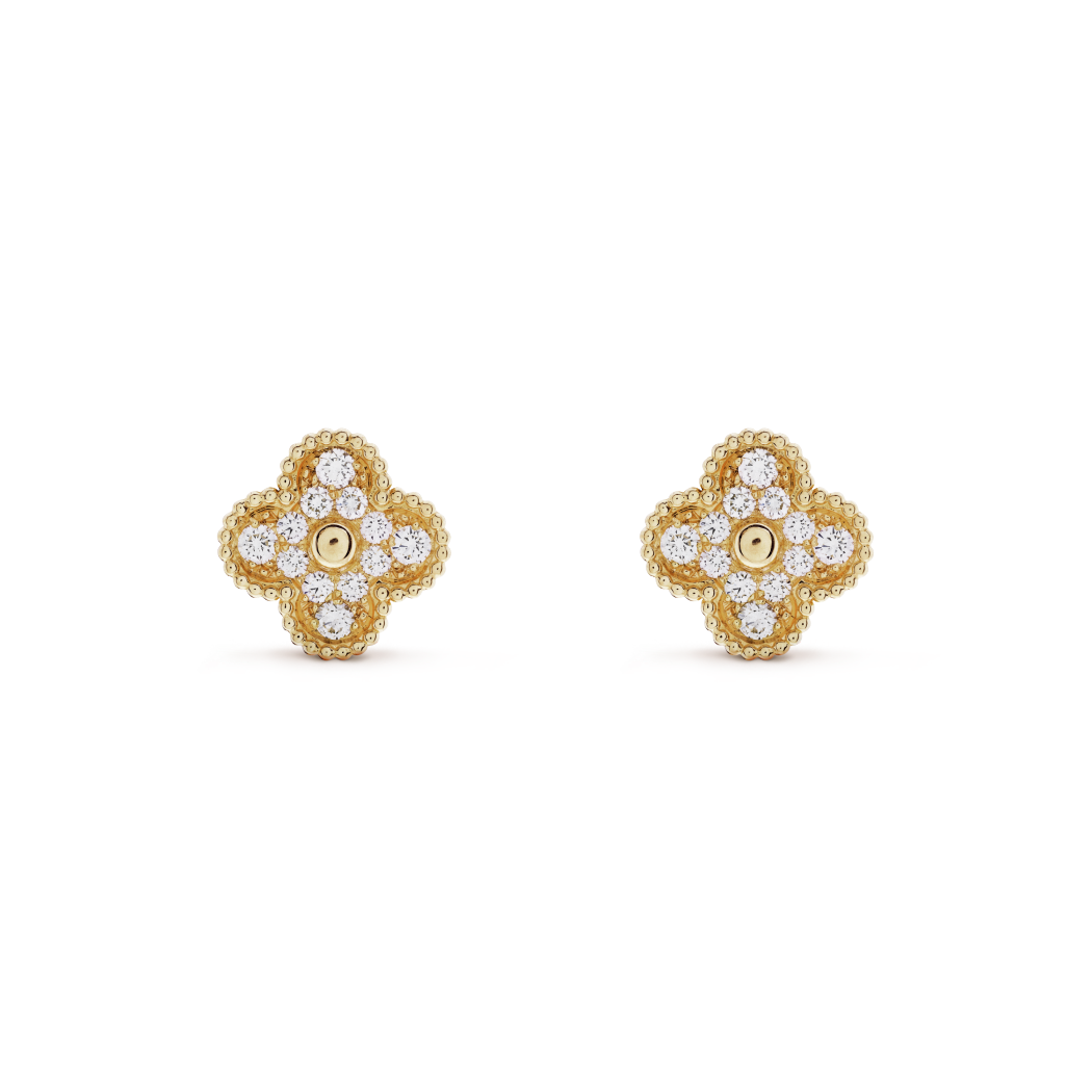 18K Gold Diamond VCA Vintage Alhambra Earrings