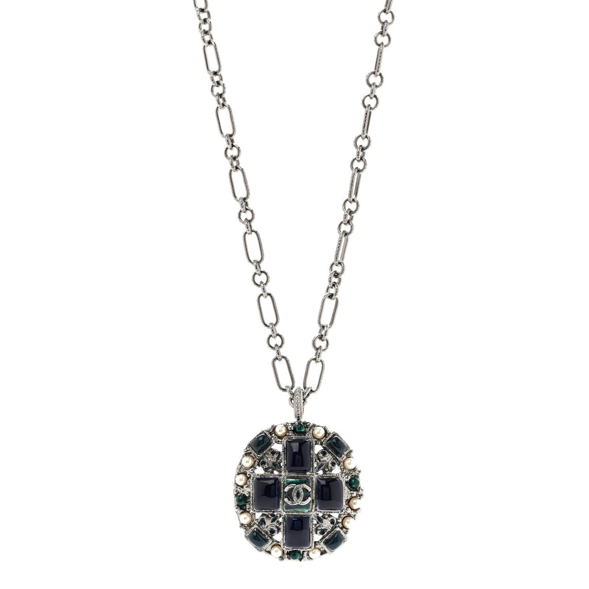 Chanel Gripoix Poured Glass Pearl CC Necklace Silver