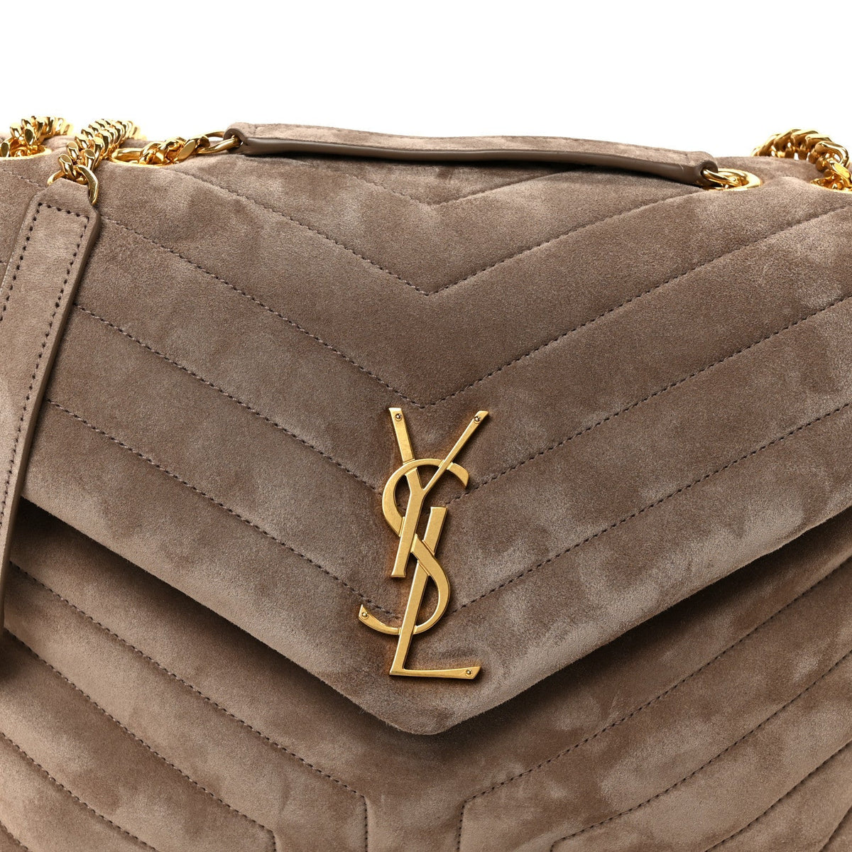 Saint Laurent Suede Y Quilted Medium Loulou Chain Satchel Taupe