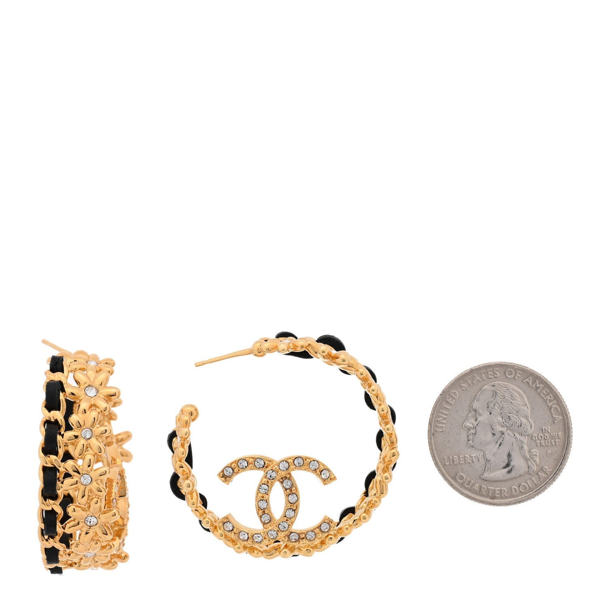 Chanel Lambskin Chain Crystal CC Flower Hoop Earrings Gold Black