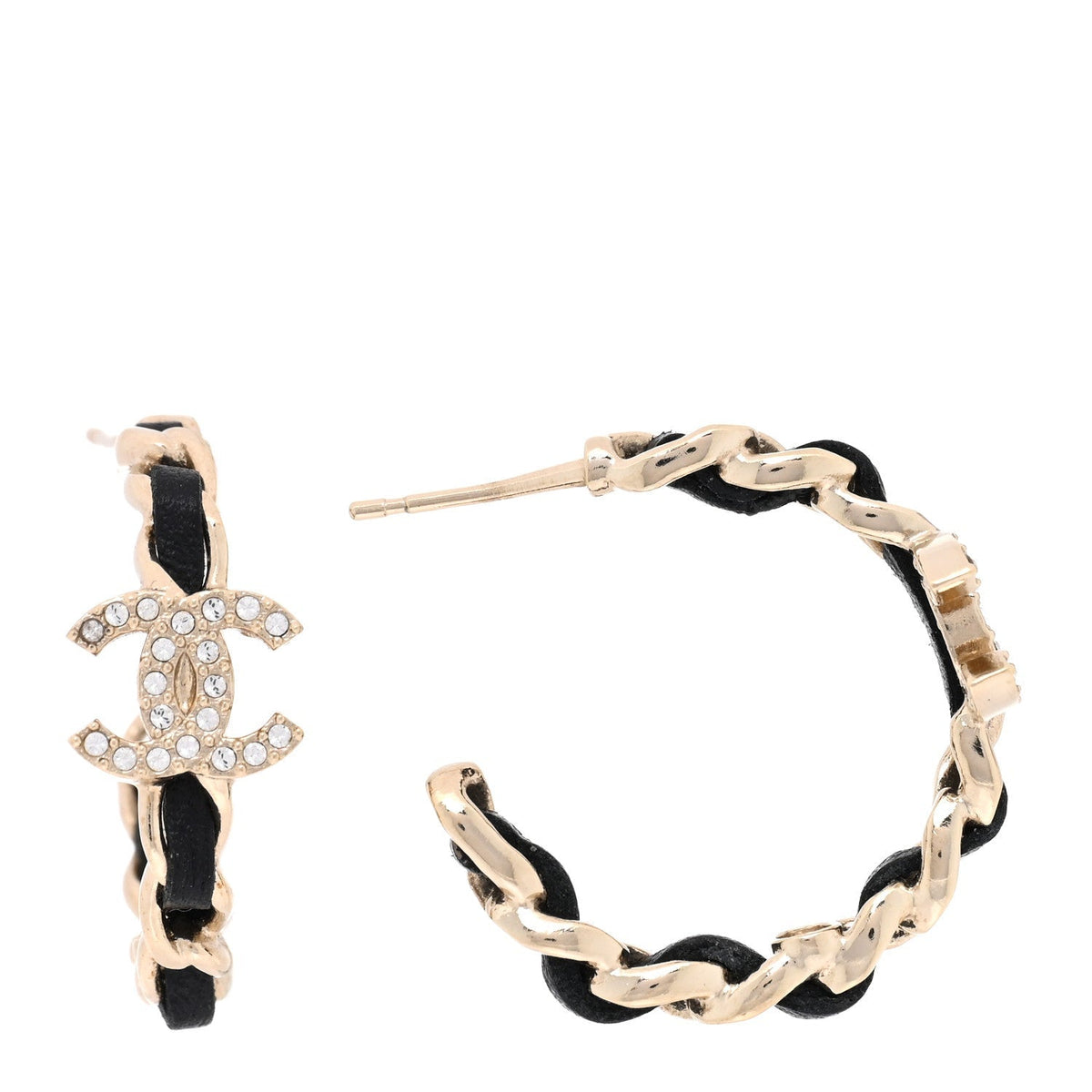 Chanel Metal Lambskin Quilted CC Turnlock Chain Hoop Earrings Gold Black