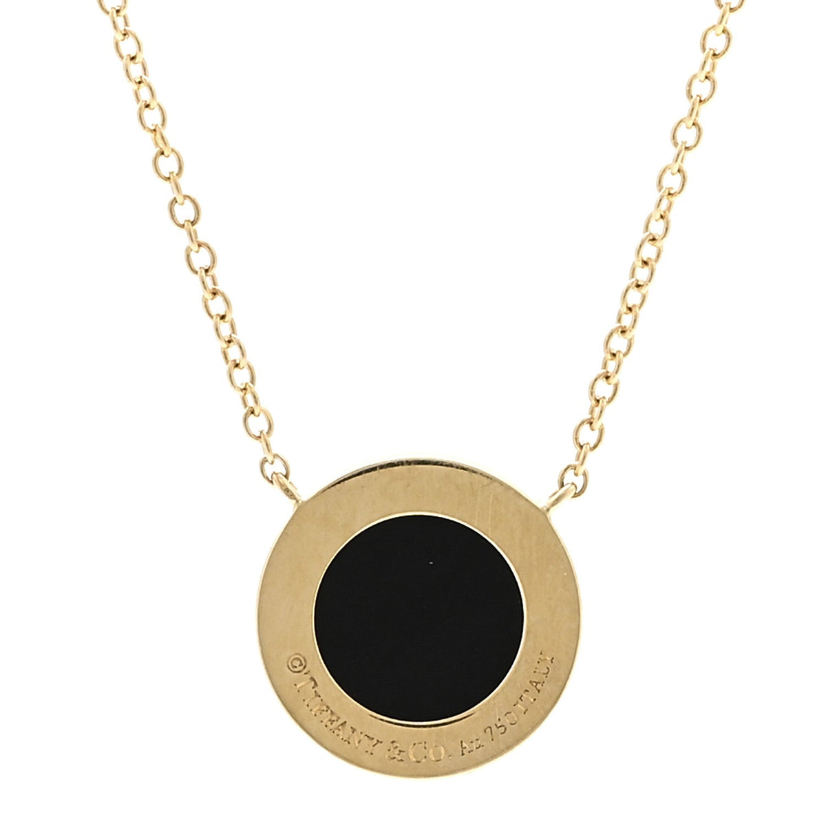 Tiffany 18K Yellow Gold Diamond Black Onyx Small T Circle Pendant Necklace