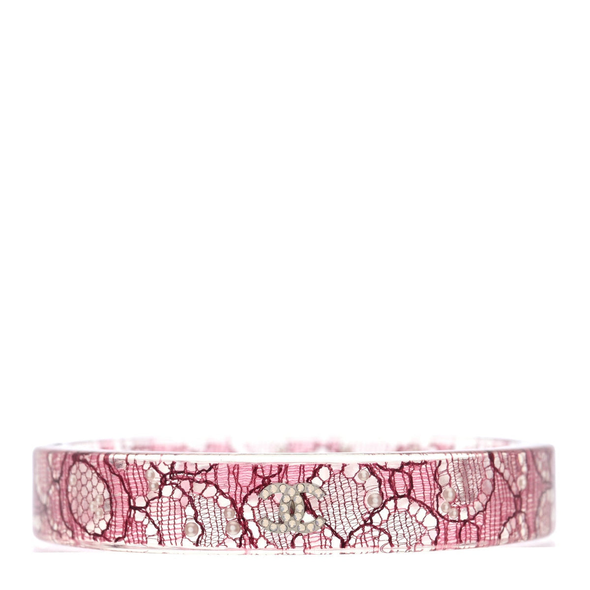 Chanel Resin Lace Crystal CC Bangle Transparent Pink