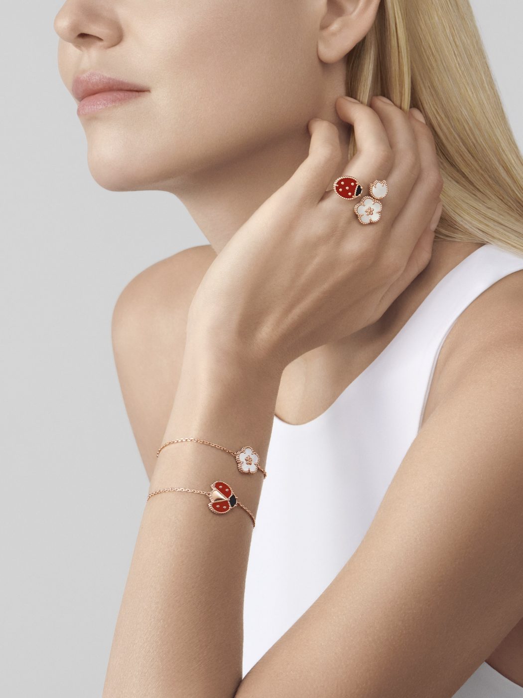 18K Rose Gold Onyx Carnelian VCA Lucky Spring Ladybug Bracelet