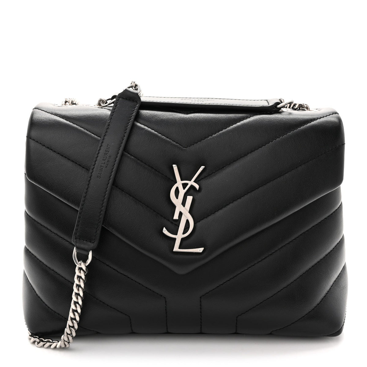 Saint Laurent Calfskin Y Quilted Monogram Small Loulou Chain Satchel Black