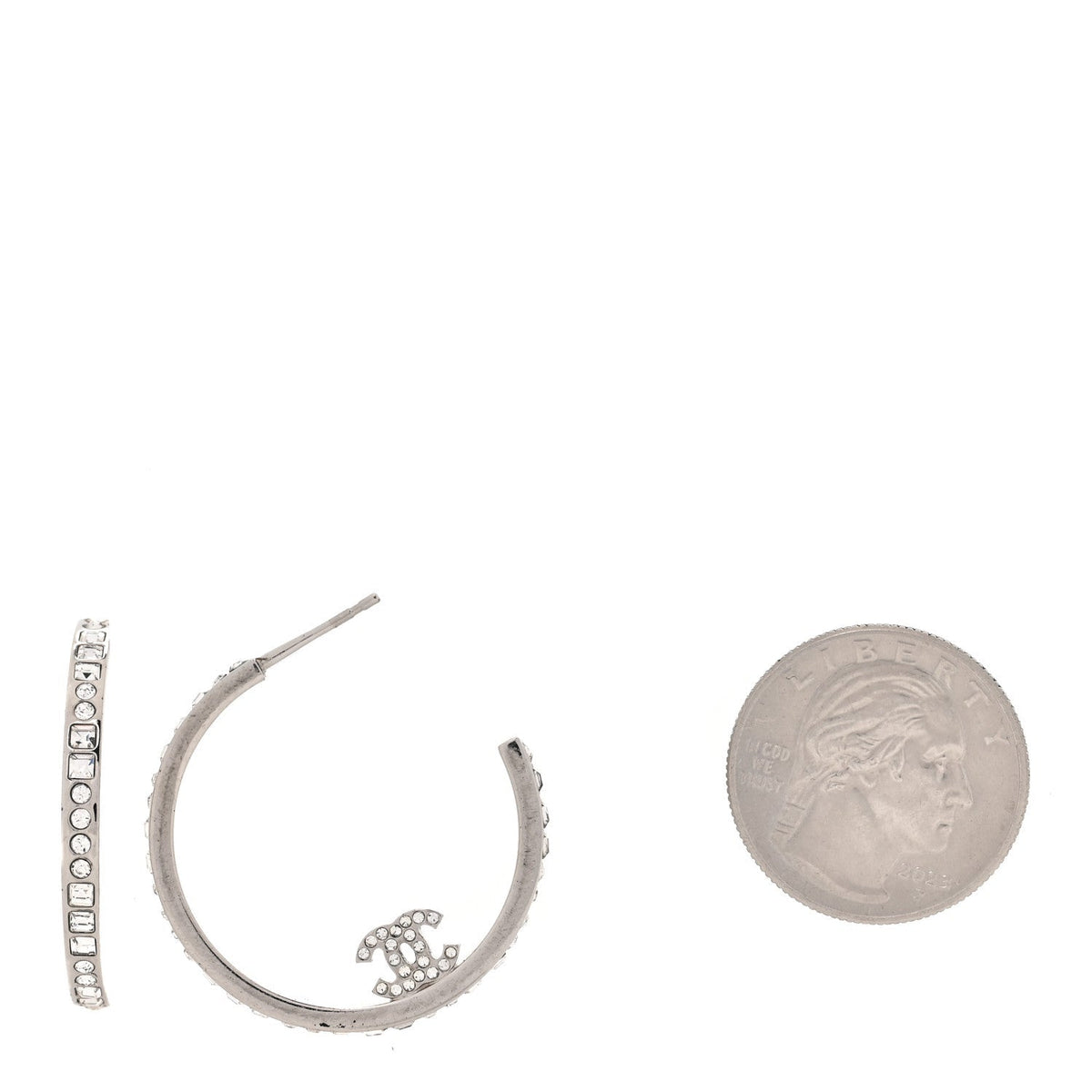 Chanel Metal Crystal Baguette CC Large Hoop Earrings Silver